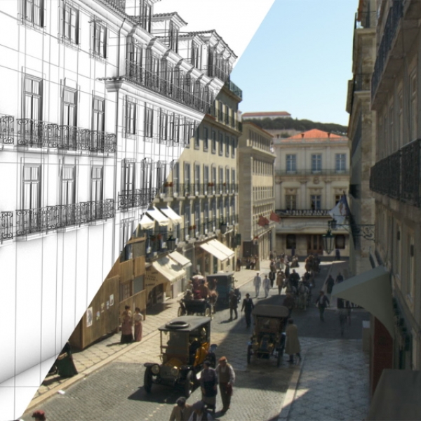 CGI street scene showing comparison of wireframe and CGI render