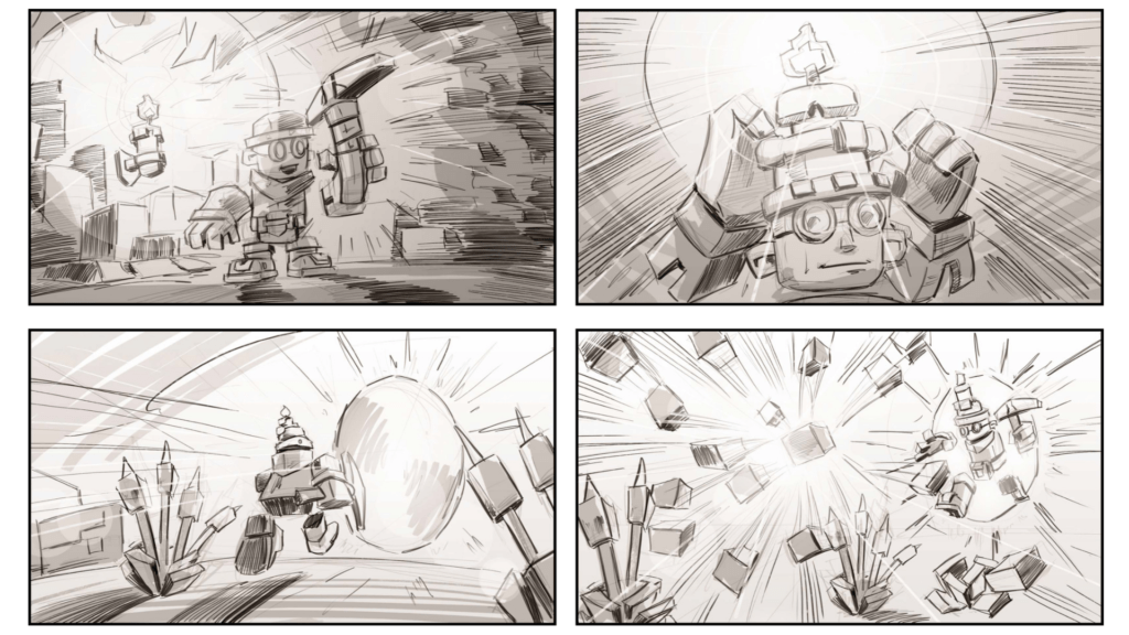 2D Black and White Illustrated Storyboard for Sky saga Video Game cinematic